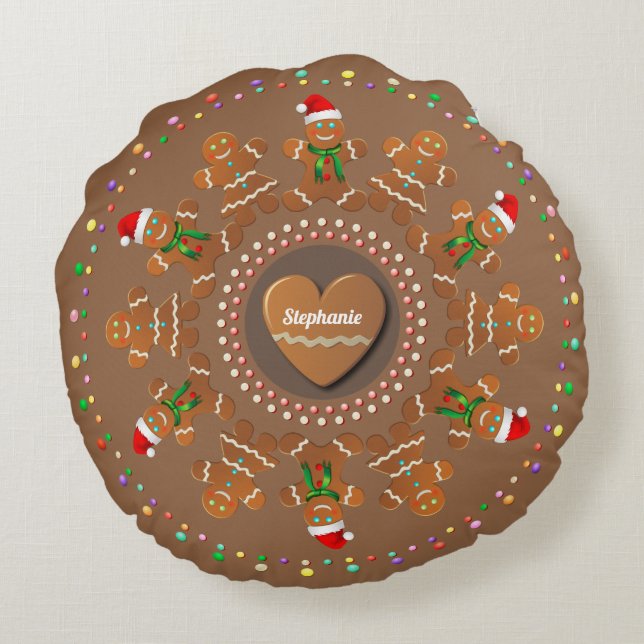 Dancing Gingerbread Cookies Round Pillow (Back)