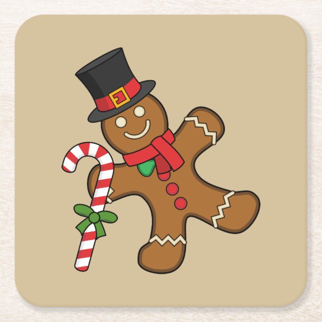 Dancing Gingerbread Man Square Paper Coaster (Front)