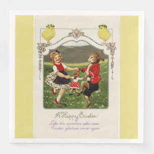 Dancing Girl and Easter Bunny Yellow Dinner Napkin