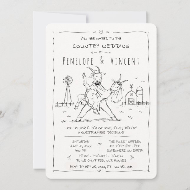 Dancing Goats Country Wedding Invitation (Front)