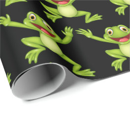 Dancing Green Frog On Black Wrapping Paper