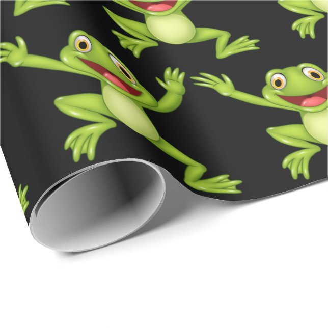 Dancing Green Frog On Black Wrapping Paper (Roll Corner)
