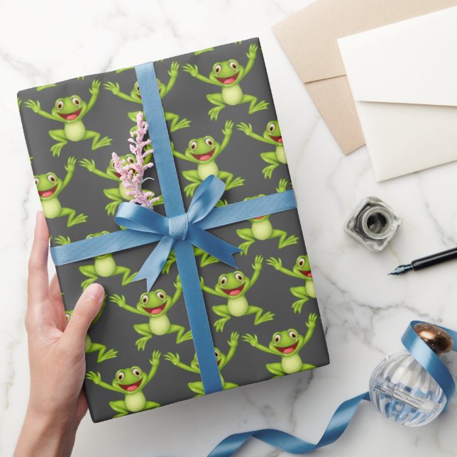 Dancing Green Frog On Gray Wrapping Paper (Gifting)
