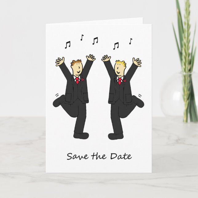 Dancing Grooms Save the Date Cartoon Announcement (Front)