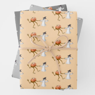 Dancing Halloween Pumpkin and Ghost Wrapping Paper Sheets