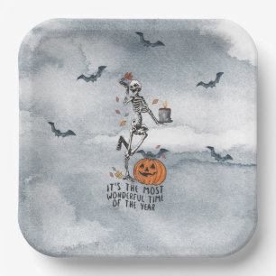 Dancing Halloween Skeleton, Bats, Jack O'Lantern Paper Plates