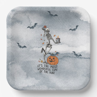 Dancing Halloween Skeleton, Bats, Jack O'Lantern Paper Plates