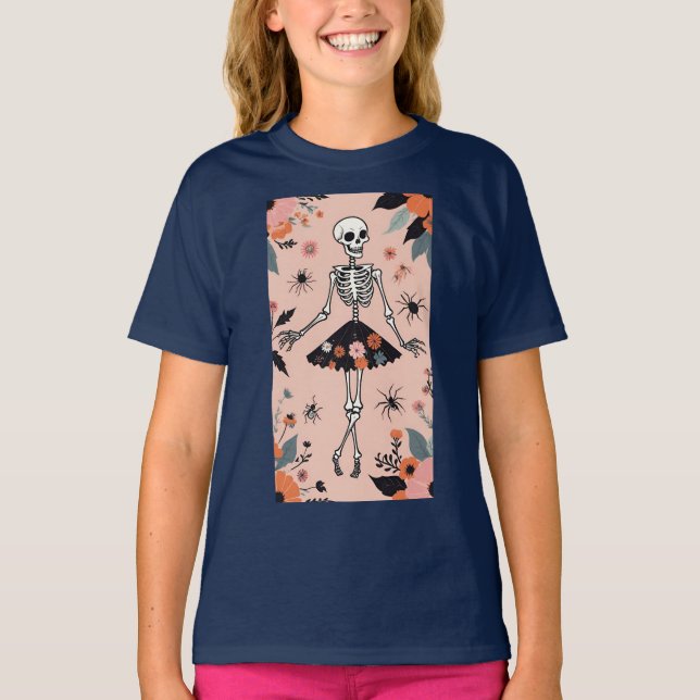Dancing Halloween Skeleton In A Floral Skirt T-Shirt (Front)