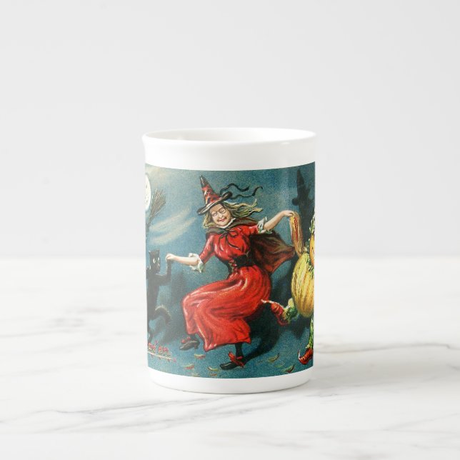 Dancing Halloween Witch Bone China Mug (Front)
