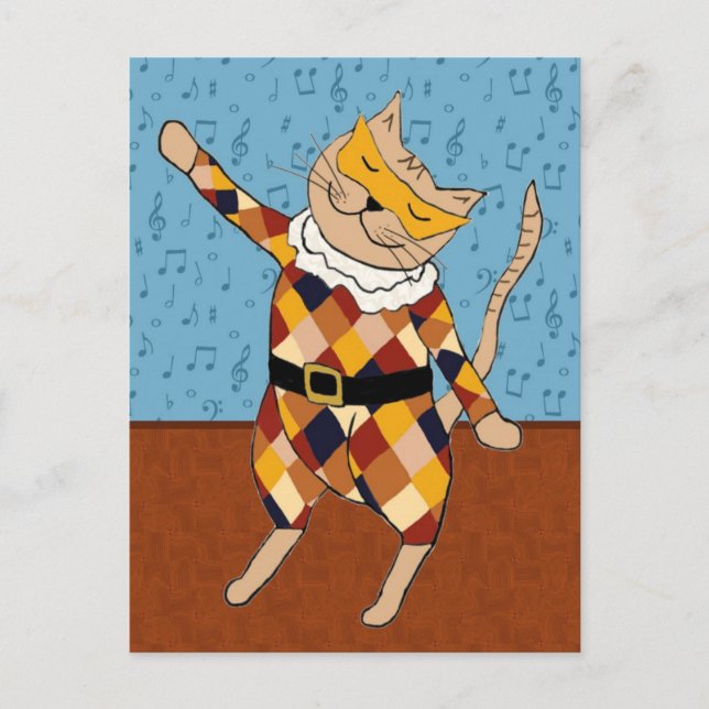 Dancing Harlequin Kitty Postcard (Front)