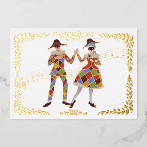 Dancing Harlequins White Foil Holiday Card