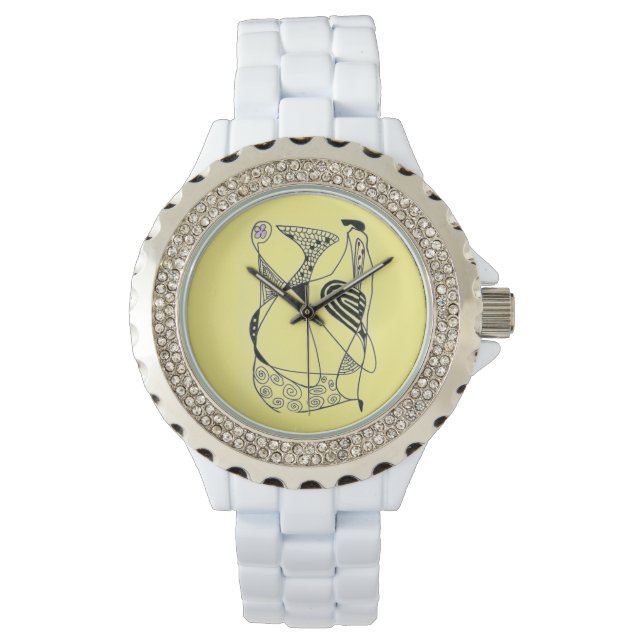 "Dancing Hen" abstract chicken with garden flowers Watch (Front)