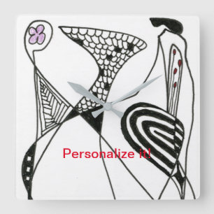 "Dancing Hen" abstracted chicken in black & white Square Wall Clock