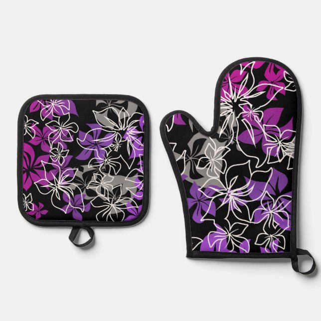 Dancing Hibiscus Hawaiian Blend Purple Oven Mitt & Pot Holder Set (Front)