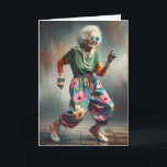 Dancing Hip Old Lady For Birthday Card<br><div class="desc">A joyful elderly woman is dancing and laughing,  wearing a pair of oversized star-shaped sunglasses and vibrant,  colorful clothing for getting older birthday.
The text is editable.</div>
