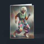 Dancing Hip Old Lady For Birthday Card<br><div class="desc">A joyful elderly woman is dancing and laughing,  wearing a pair of oversized star-shaped sunglasses and vibrant,  colorful clothing for getting older birthday.
The text is editable.</div>