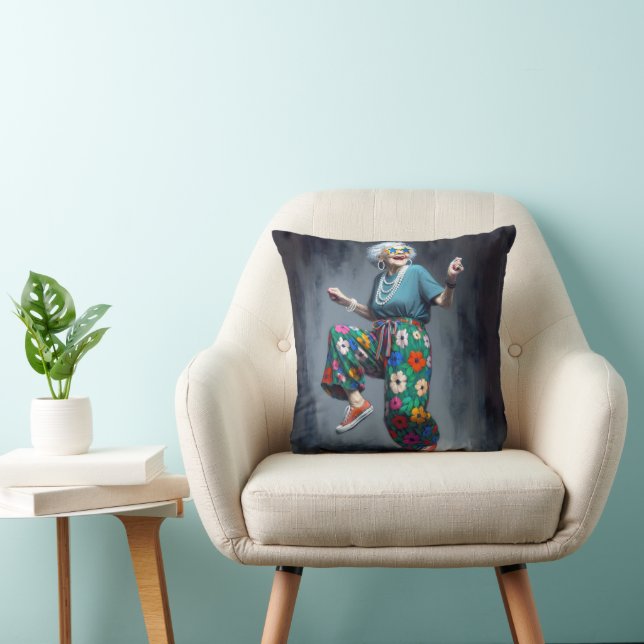Dancing Hipster Grandma Throw Pillow (Chair)