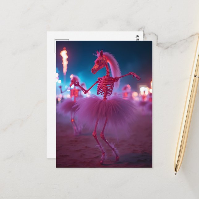 Dancing Horse Skeletons in Pink Tutus Desert Night Postcard (Front/Back In Situ)