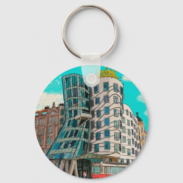 Dancing House Prague Czech Republic Whimsical Art Keychain (Front)