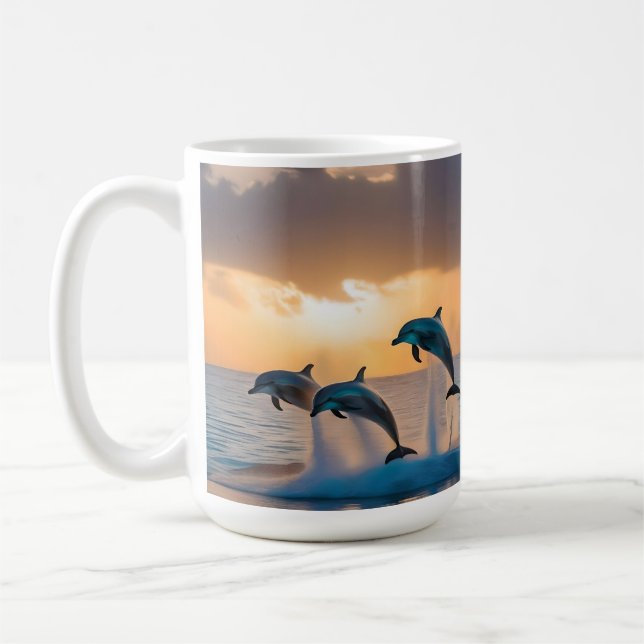 Dancing in the Dusk: Three Dolphins Leaping  Coffee Mug (Left)