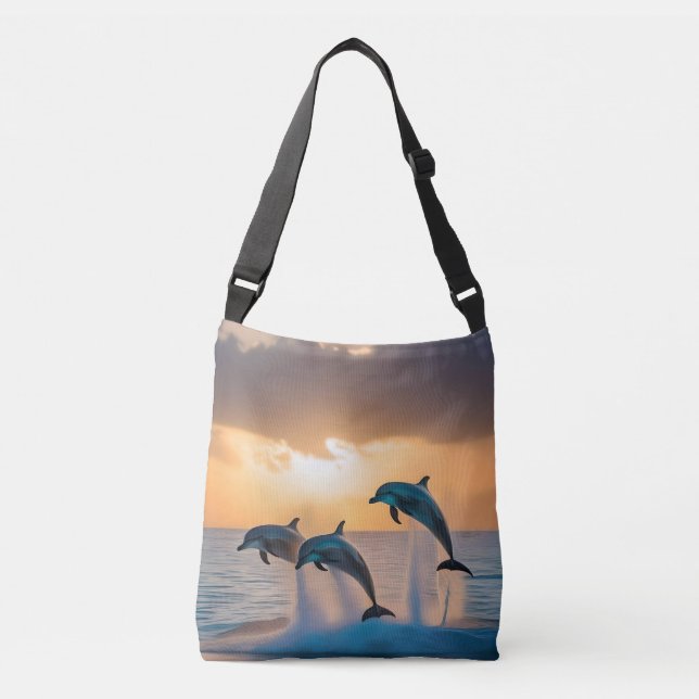 Dancing in the Dusk: Three Dolphins Leaping  Crossbody Bag (Front)