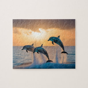 Dancing in the Dusk: Three Dolphins Leaping Jigsaw Puzzle