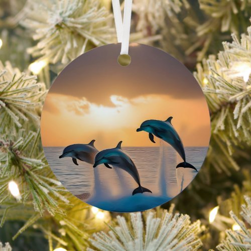 Dancing in the Dusk: Three Dolphins Leaping  Metal Ornament