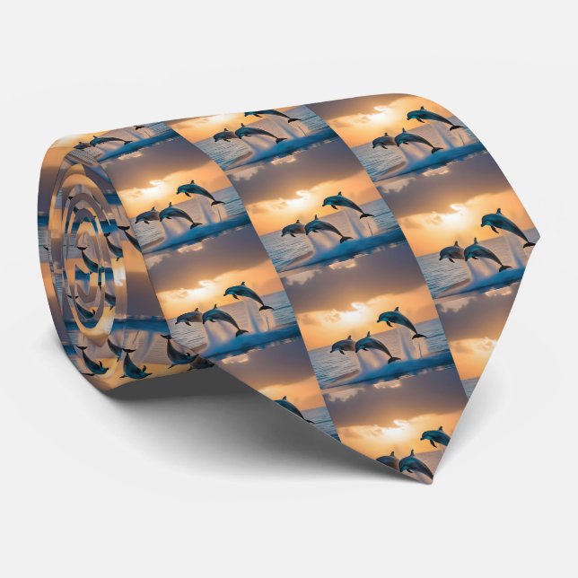 Dancing in the Dusk: Three Dolphins Leaping  Neck Tie (Rolled)