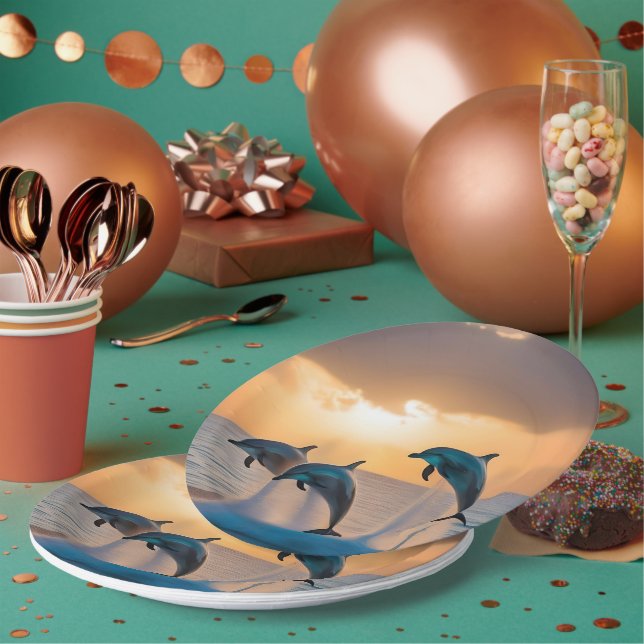Dancing in the Dusk: Three Dolphins Leaping  Paper Plates (Multi)