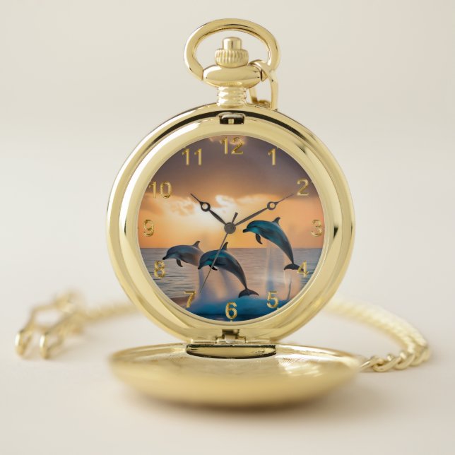 Dancing in the Dusk: Three Dolphins Leaping  Pocket Watch (Inside)