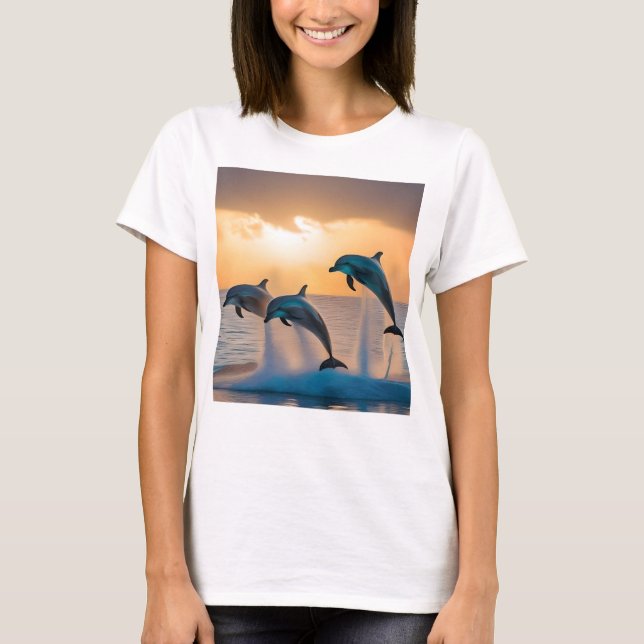 Dancing in the Dusk: Three Dolphins Leaping  T-Shirt (Front)