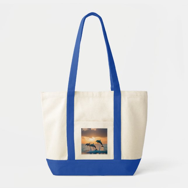 Dancing in the Dusk: Three Dolphins Leaping  Tote Bag (Front)