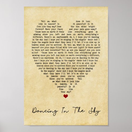 Dancing In The Sky Vintage Heart Song Lyric Print