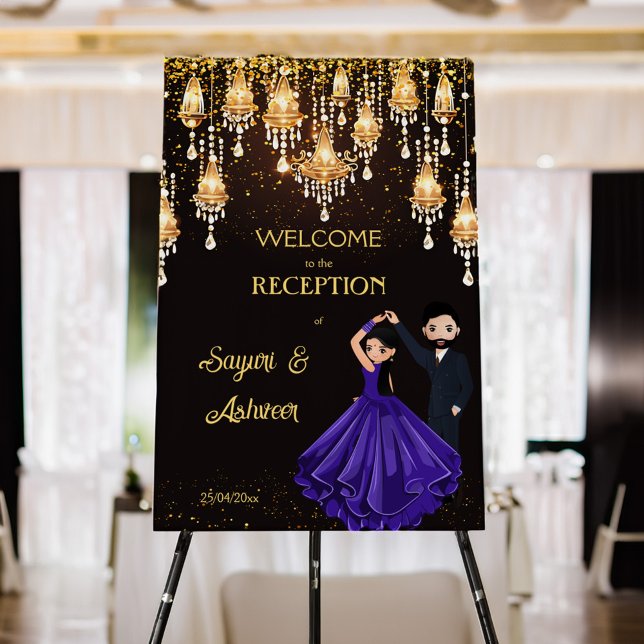 Dancing Indian couple chic reception welcome sign (Dancing Indian couple chic reception welcome sign board glamorous chandeliers couple cartoon  )