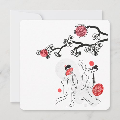 Dancing Japan geisha and Red Flower  Holiday Card