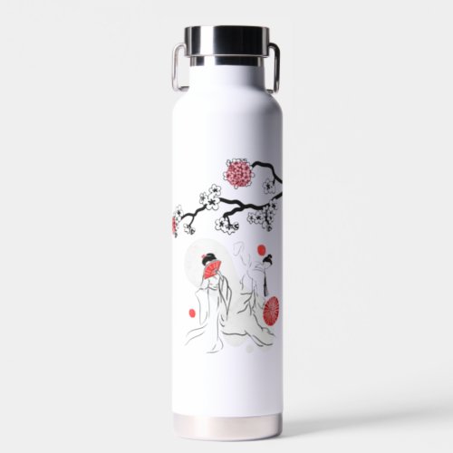 Dancing Japan geisha and Red Flower Water Bottle