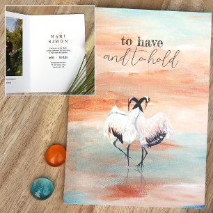 Dancing Japanese Tancho Cranes Beige Blue Wedding Invitation