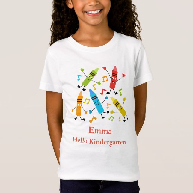 Dancing Kawaii Crayons Hello Kindergarten Name  T-Shirt (Front)