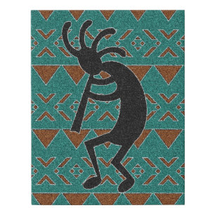 Dancing Kokopelli On Teal Tribal Background Faux Canvas Print