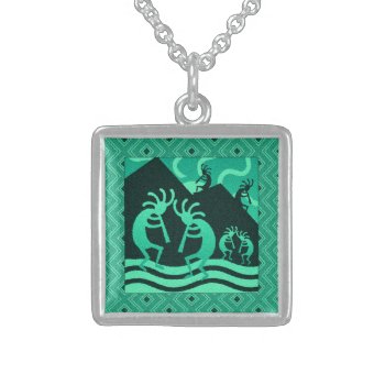 Dancing Kokopelli Turquoise Southwest Flute Player Sterling Silver Necklace by macdesigns2 at Zazzle