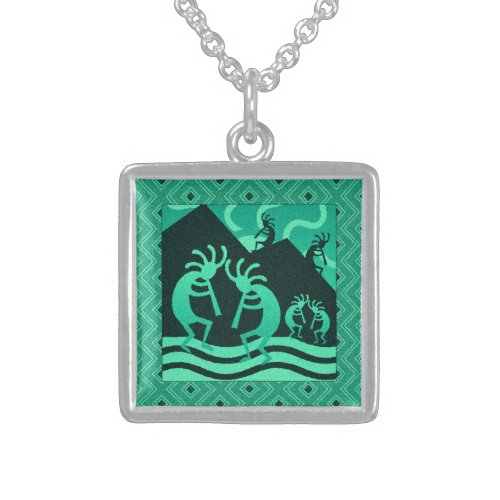 Dancing Kokopelli Turquoise Southwest Flute Player Sterling Silver Necklace