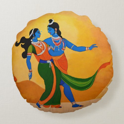 dancing krishna radha round pillow