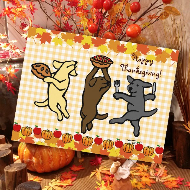 Dancing Labrador Trio Thanksgiving Holiday Postcard (Dancing Labradors Trio Thanksgiving Postcard for Labrador Owners.  Cute three Labs cartoon design. )
