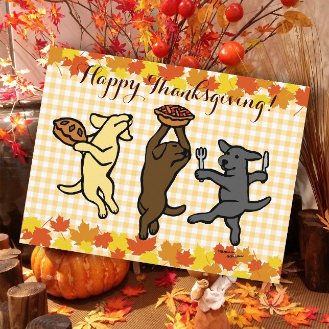 Dancing Labrador Trio Thanksgiving Holiday Postcard (Dancing Labradors Trio Thanksgiving Postcard for Labrador Owners.  Cute three dogs cartoon design. )