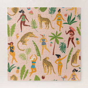 Dancing Ladies, Leopards Vintage Pattern. Jigsaw Puzzle