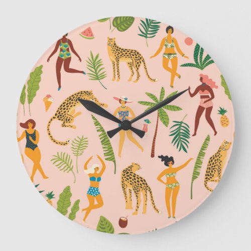 Dancing Ladies Leopards Vintage Pattern Large Clock