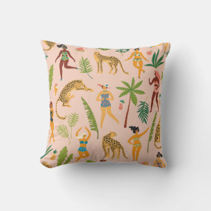 Dancing Ladies, Leopards Vintage Pattern. Throw Pillow