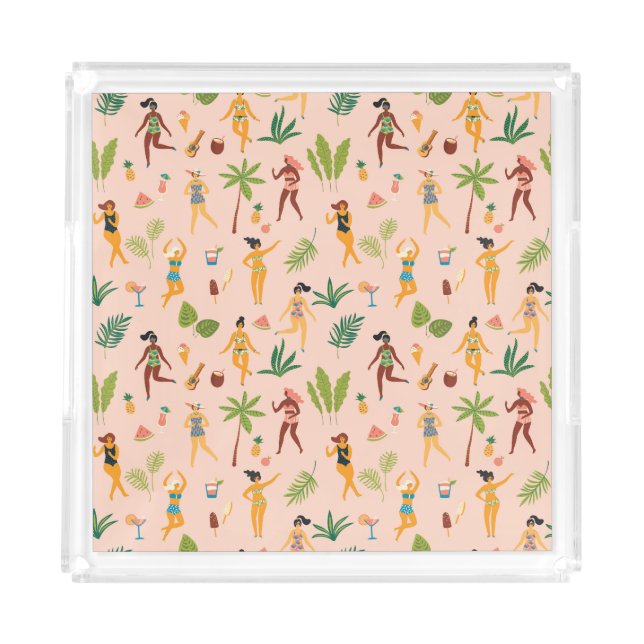 Dancing ladies, palm leaves pattern. acrylic tray (Front)