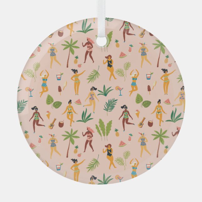 Dancing ladies, palm leaves pattern. glass ornament (Front)