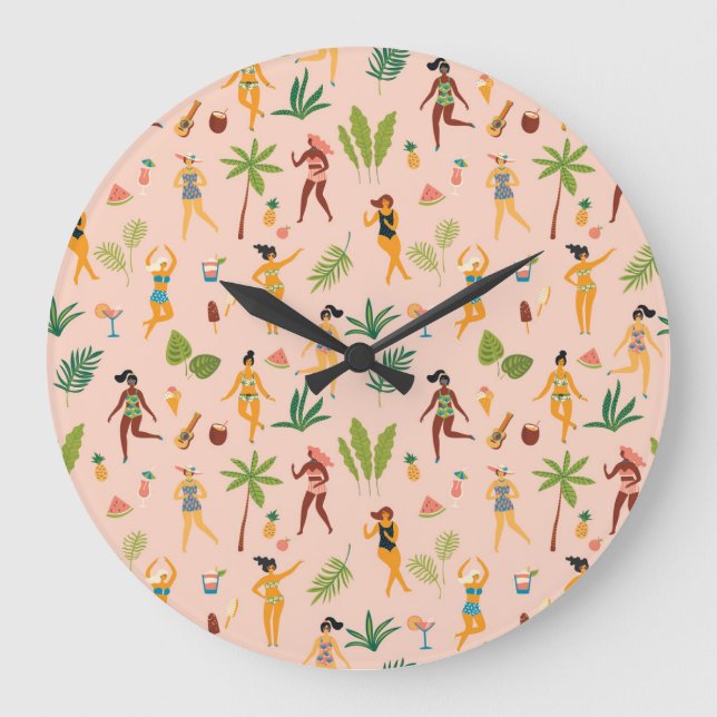 Dancing ladies, palm leaves pattern. large clock (Front)